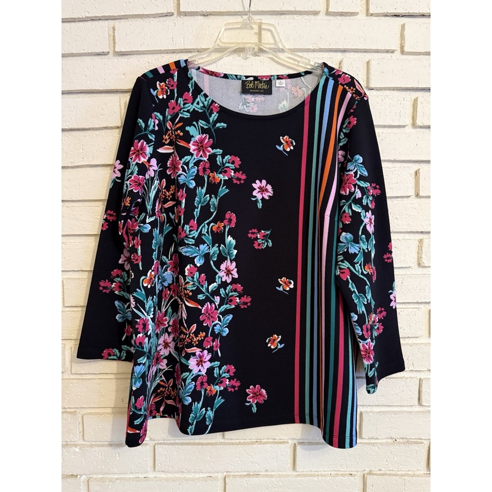 Bob Mackie Top Womens Lg Black Floral Stripe Wearable Art Long Sleeve Knit